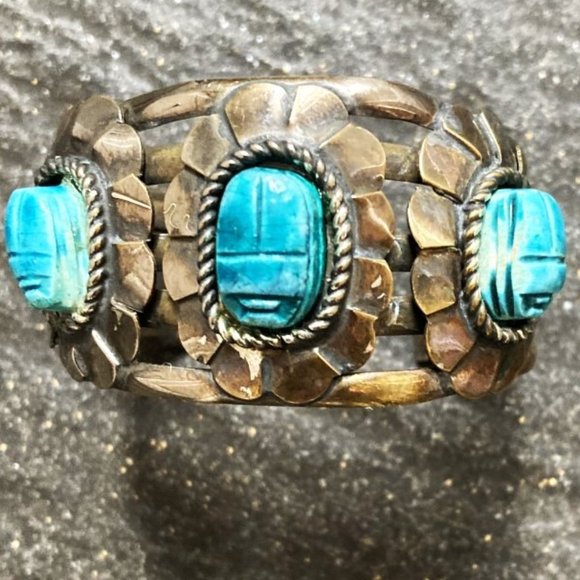 Updated: Vintage Egyptian scarab cuff bracelet + bonus bangle - Picture 1 of 6